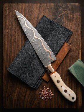 New Luxury Damascus Chef Knife - Copper Inlay & Bone
